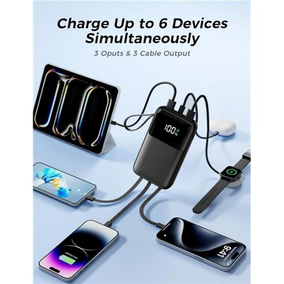 Portable Charger 15000mAh Power Bank Built In Cables Fast Charging Travel - Picture 3 of 7